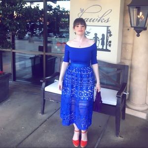 Blue Embroidered Lace Overlay Midi Dress